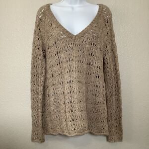 American Eagle Tan Open Wool Blend Knit Boho Earthy Open Knit Sweater‎ L Neutral